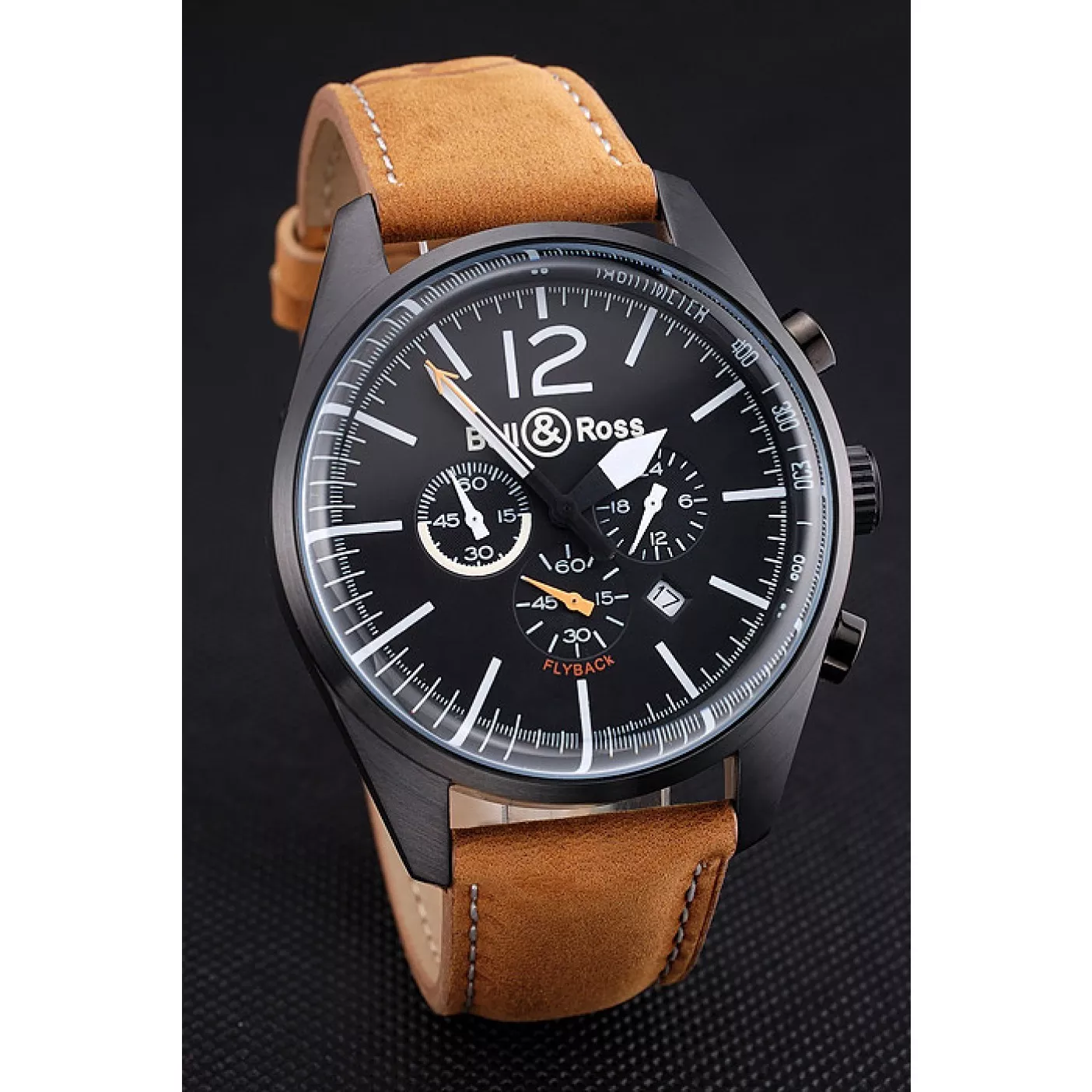 Affordable Bell and Ross BR126 Flyback Black Dial Black Case Brown Suede Leather Strap 0122