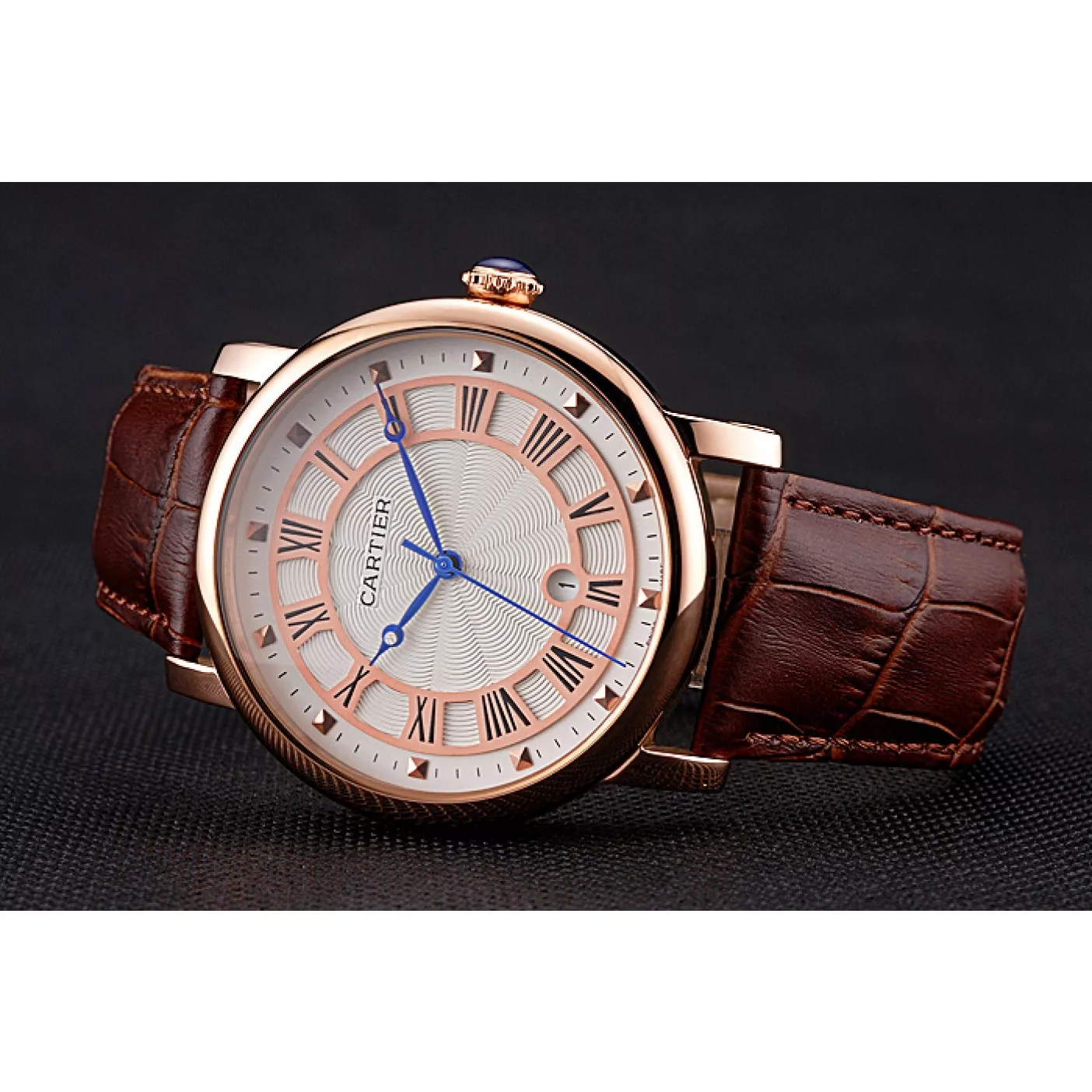 Affordable Cartier Rotonde Date White Dial Rose Gold Case Brown Leather Strap 0122