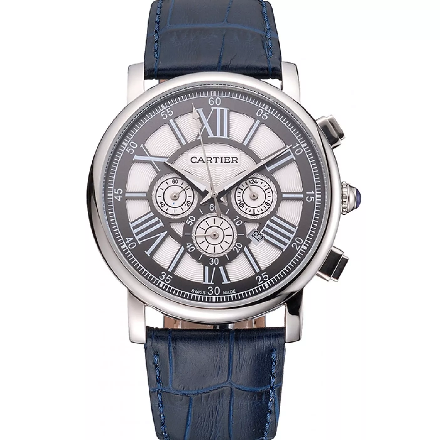 Affordable Cartier Rotonde Chronograph Black And White Dial Stainless Steel Case Blue Leather Strap 0124