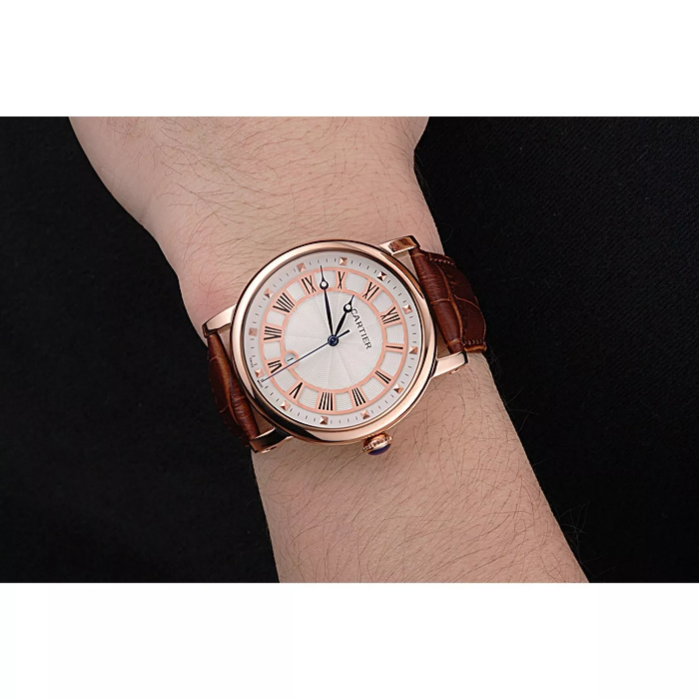 Affordable Cartier Rotonde Date White Dial Rose Gold Case Brown Leather Strap 0122