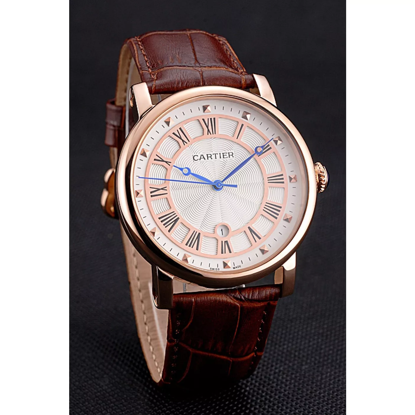 Affordable Cartier Rotonde Date White Dial Rose Gold Case Brown Leather Strap 0122