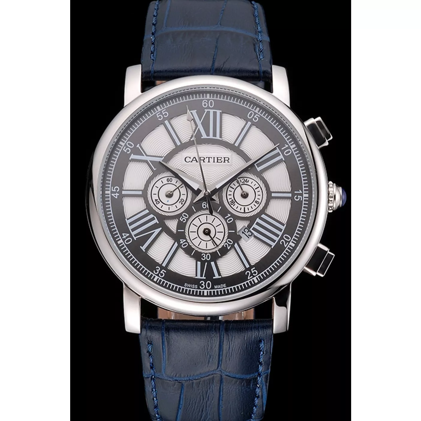 Affordable Cartier Rotonde Chronograph Black And White Dial Stainless Steel Case Blue Leather Strap 0124