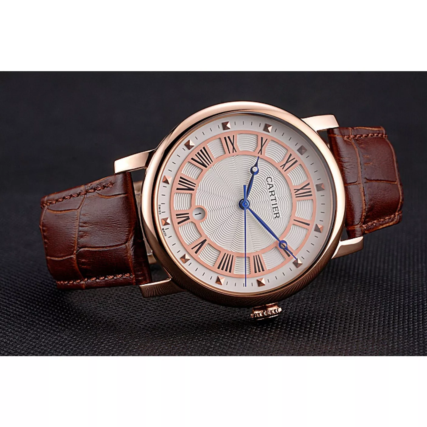 Affordable Cartier Rotonde Date White Dial Rose Gold Case Brown Leather Strap 0122