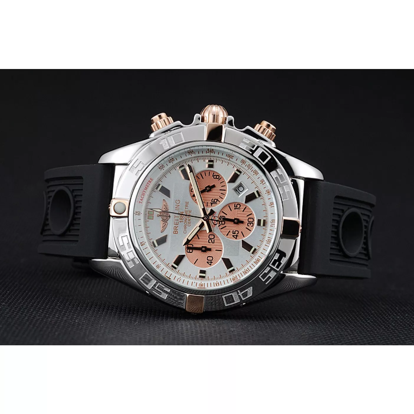 Cheap Breitling Chronomat Rose-Gold Highlight Ribbed Black Rubber Strap White Dial 0123