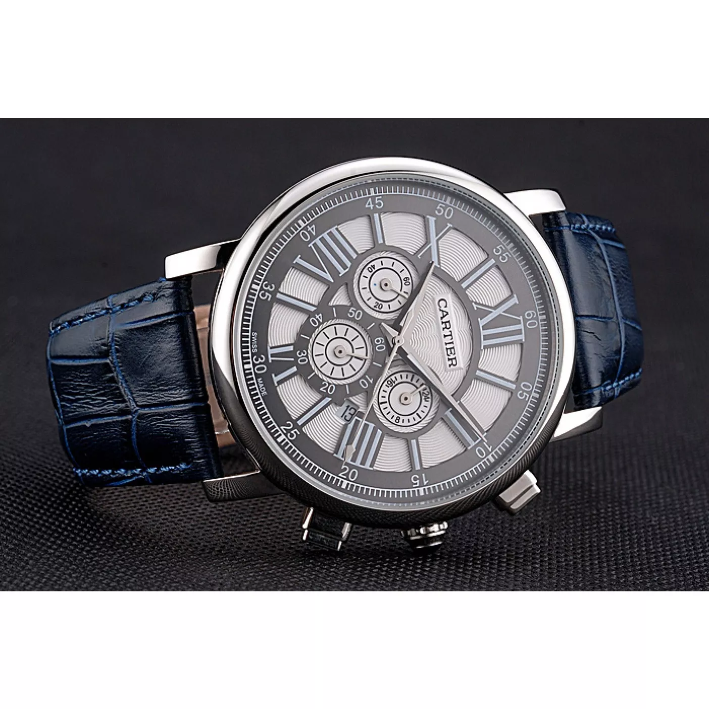 Affordable Cartier Rotonde Chronograph Black And White Dial Stainless Steel Case Blue Leather Strap 0124