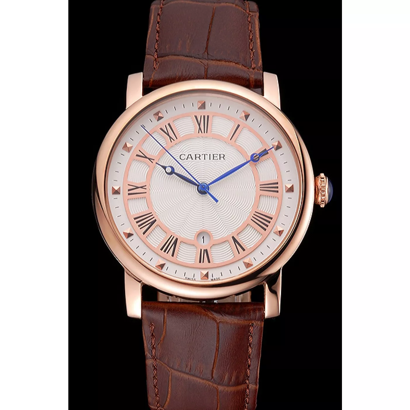 Affordable Cartier Rotonde Date White Dial Rose Gold Case Brown Leather Strap 0122