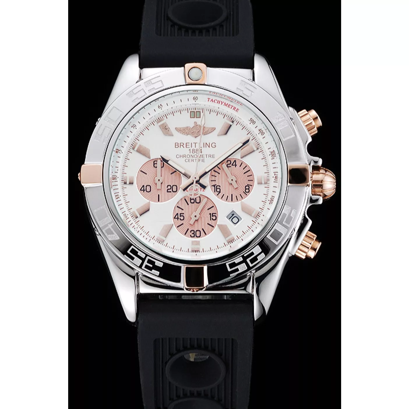 Cheap Breitling Chronomat Rose-Gold Highlight Ribbed Black Rubber Strap White Dial 0123