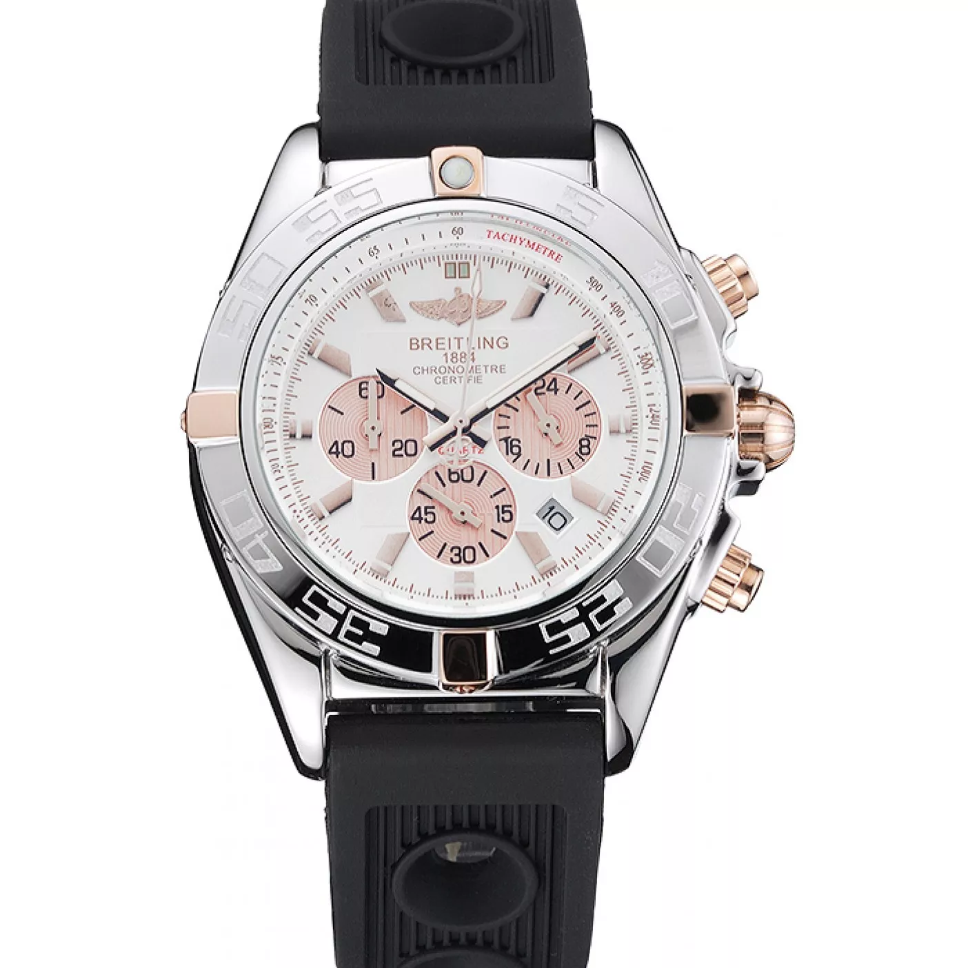 Cheap Breitling Chronomat Rose-Gold Highlight Ribbed Black Rubber Strap White Dial 0123