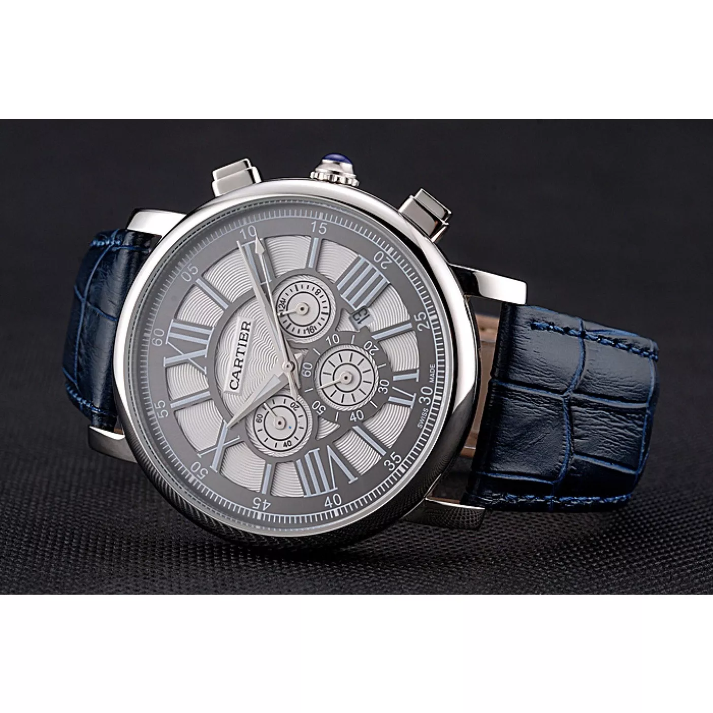 Affordable Cartier Rotonde Chronograph Black And White Dial Stainless Steel Case Blue Leather Strap 0124