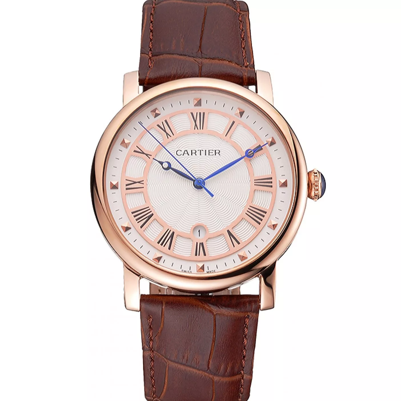 Affordable Cartier Rotonde Date White Dial Rose Gold Case Brown Leather Strap 0122