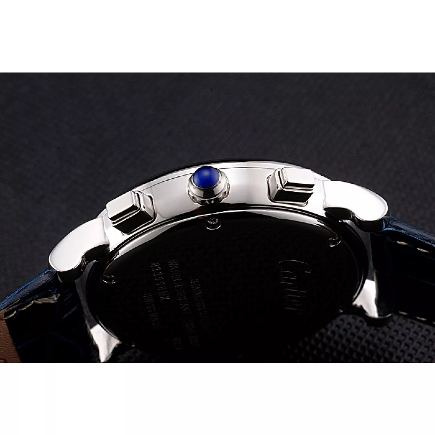 Affordable Cartier Rotonde Chronograph Black And White Dial Stainless Steel Case Blue Leather Strap 0124