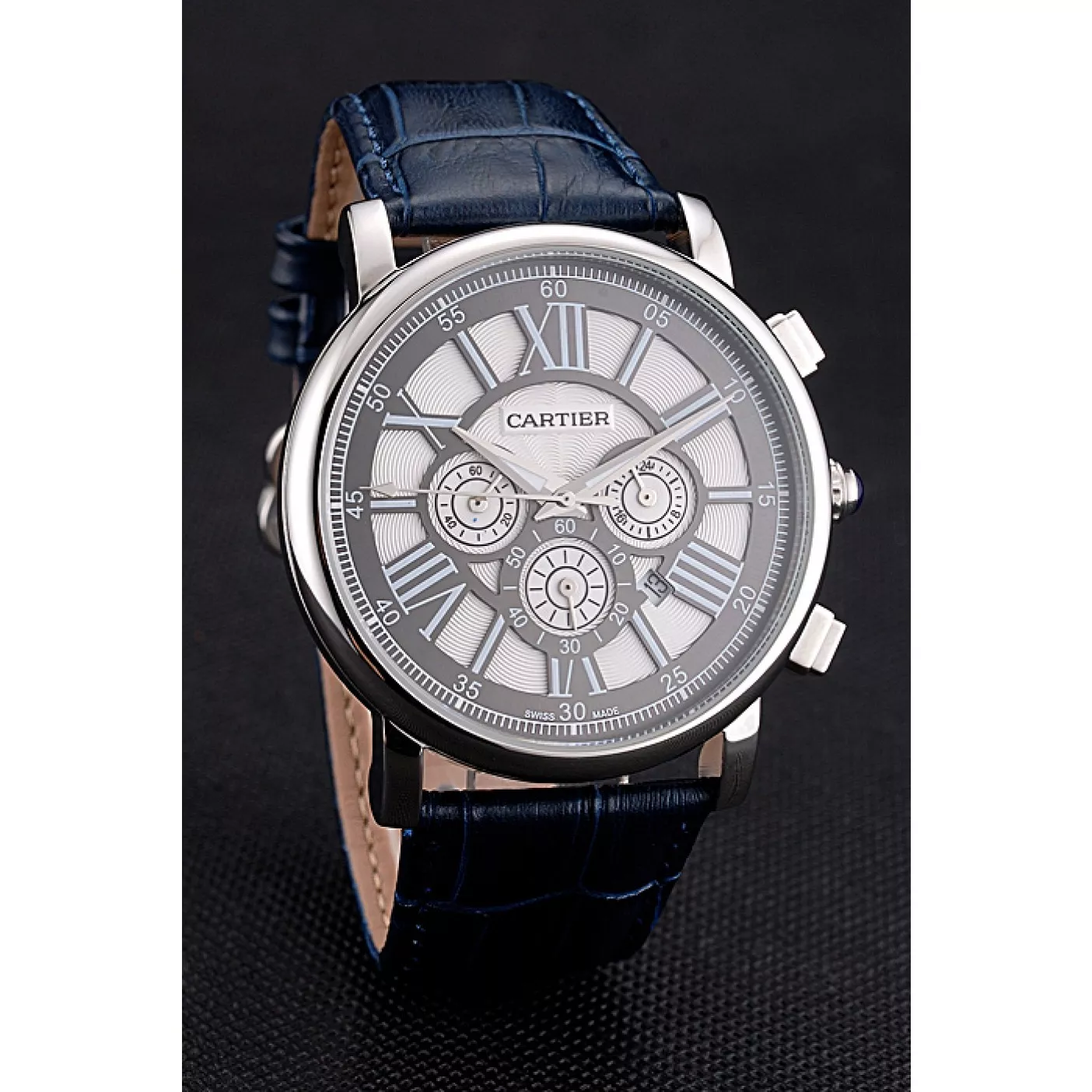 Affordable Cartier Rotonde Chronograph Black And White Dial Stainless Steel Case Blue Leather Strap 0124