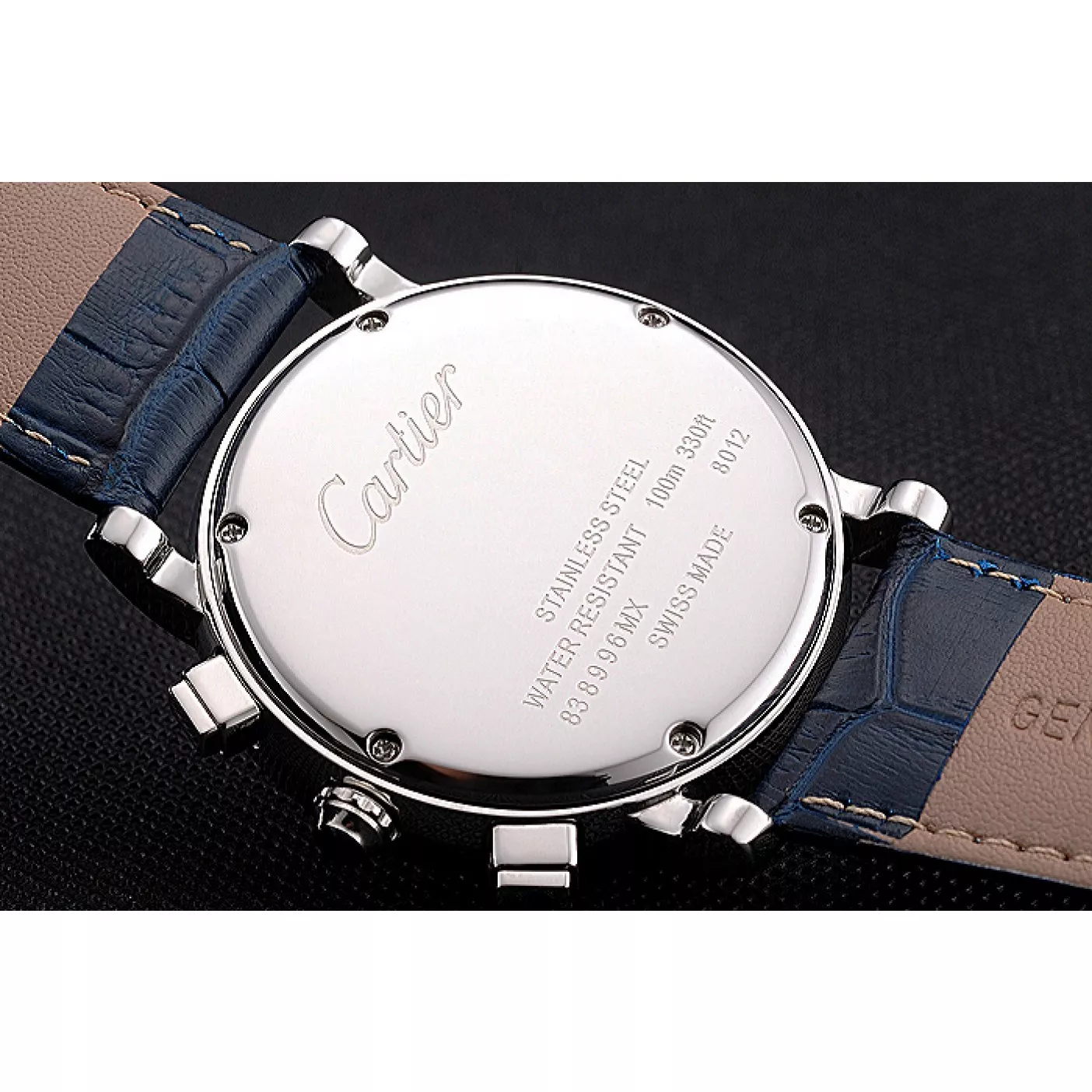 Affordable Cartier Rotonde Chronograph Black And White Dial Stainless Steel Case Blue Leather Strap 0124