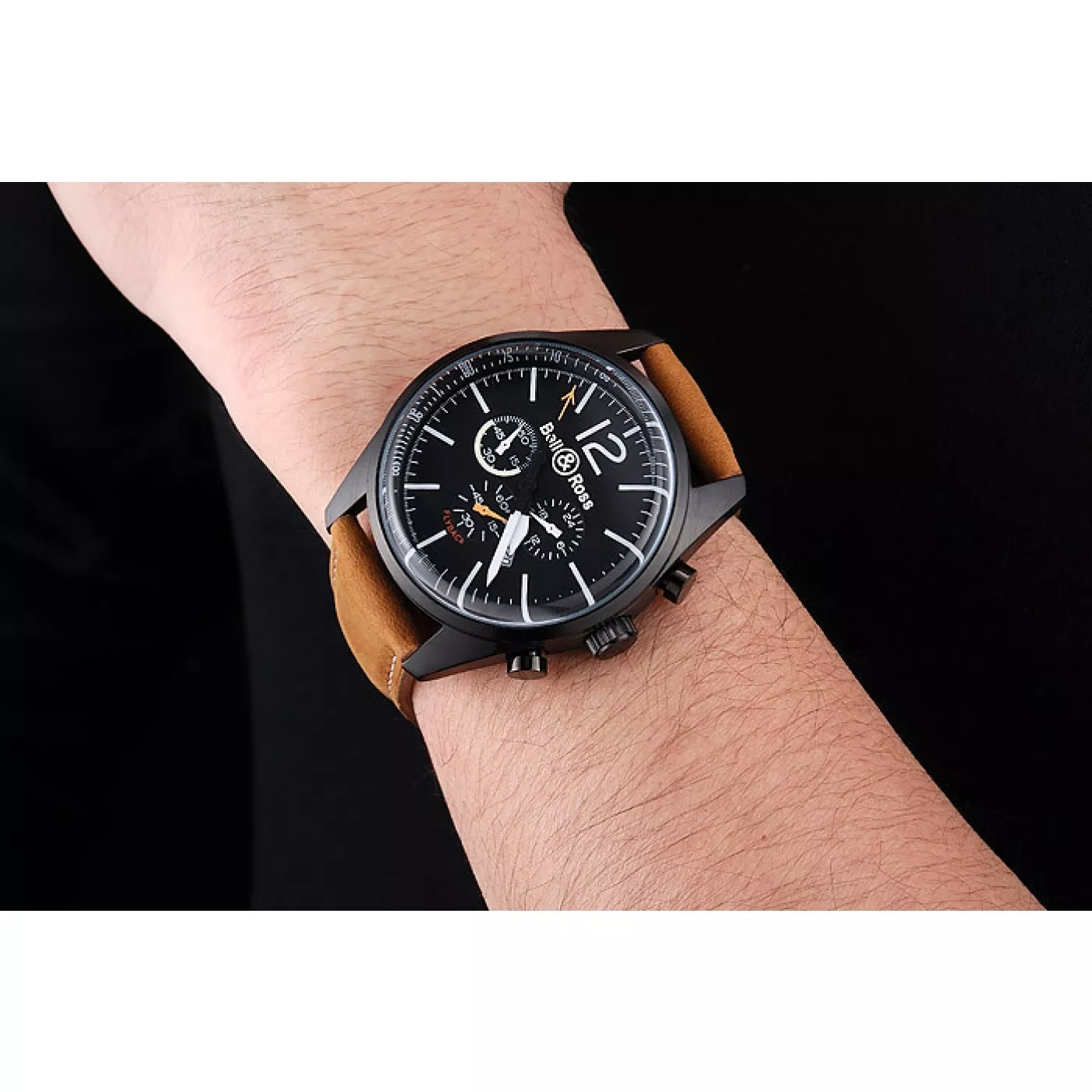 Affordable Bell and Ross BR126 Flyback Black Dial Black Case Brown Suede Leather Strap 0122