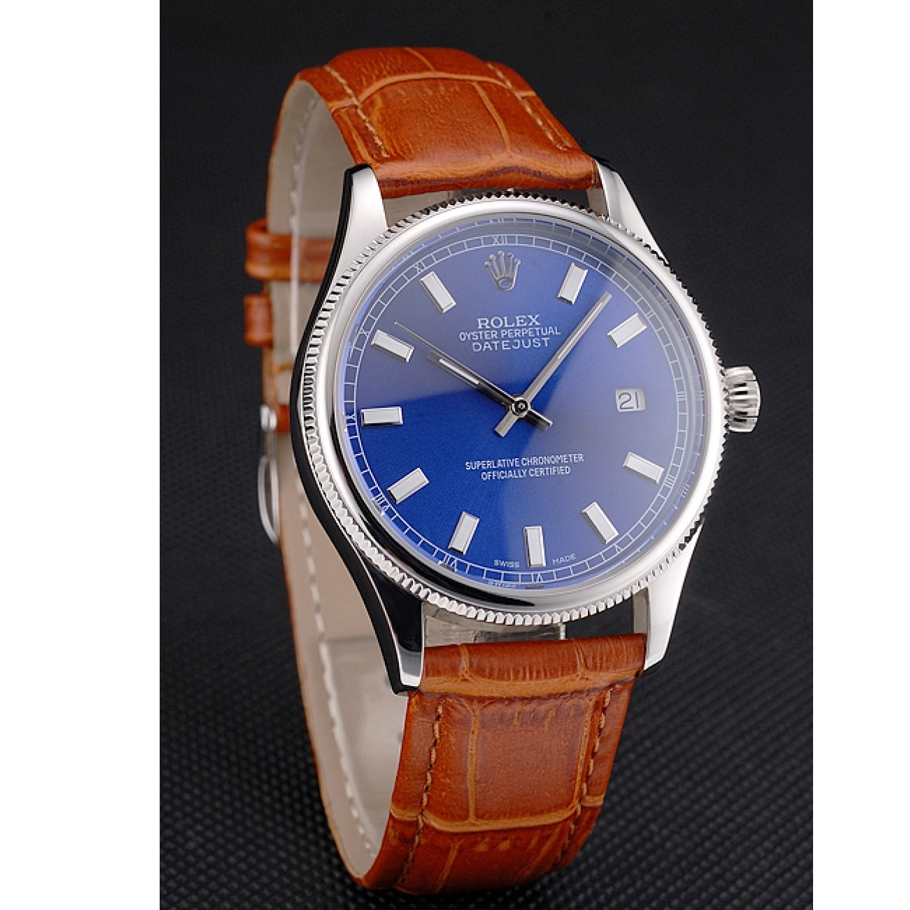 Cheap Strap Stainless Swiss Case Light Dial Steel Rolex Leather Blue Datejust Brown 0211