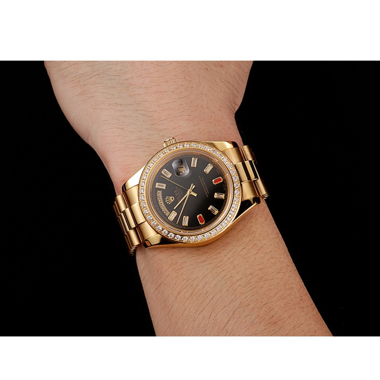 Affordable And Rubies Rolex Gold Black 1454101 Day-Date Swiss Dial Diamonds Bracelet 0214