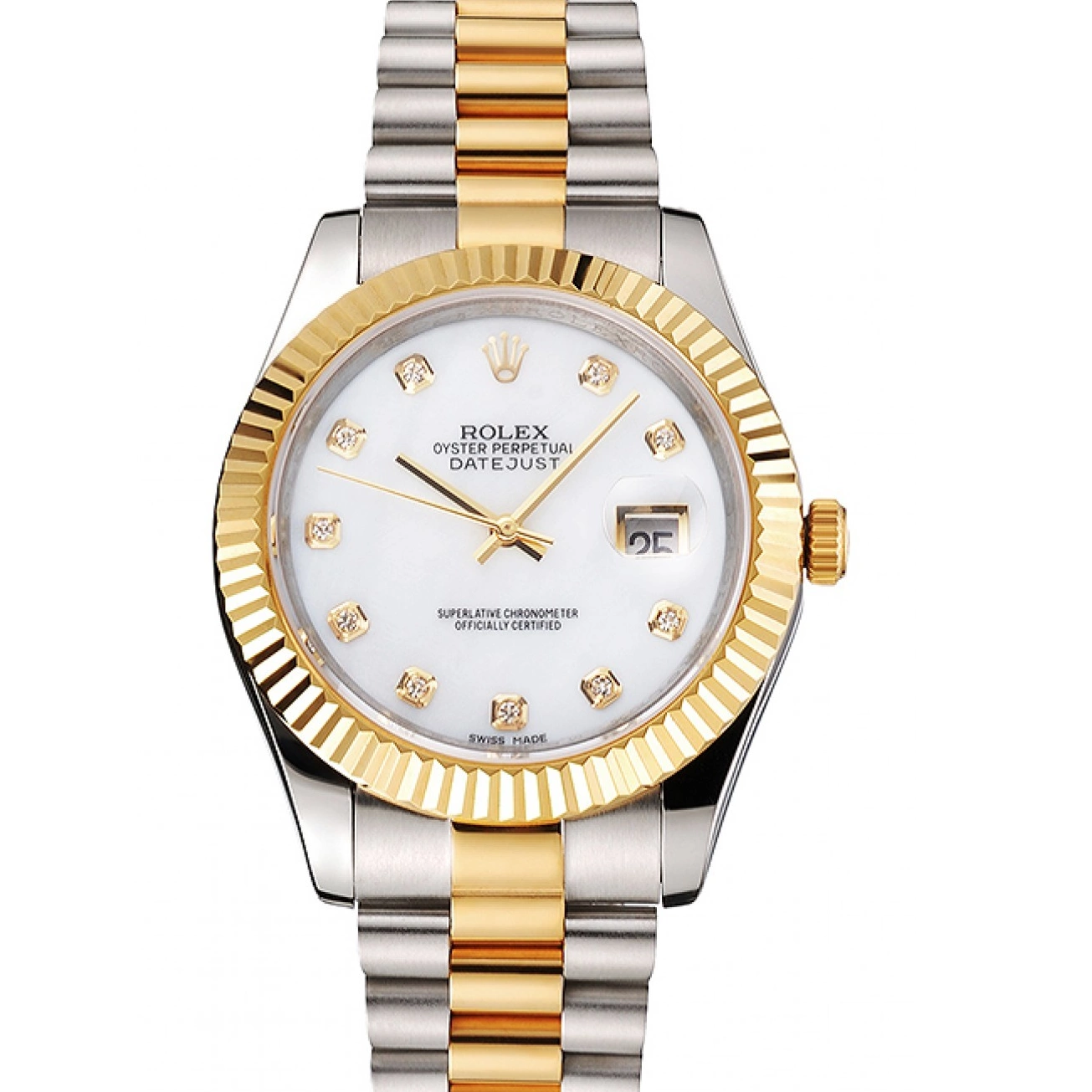 Cheap Rolex Steel Tone Hour Bracelet Bezel Stainless Dial Gold Diamond White Two Marks Datejust Swiss Case 0228