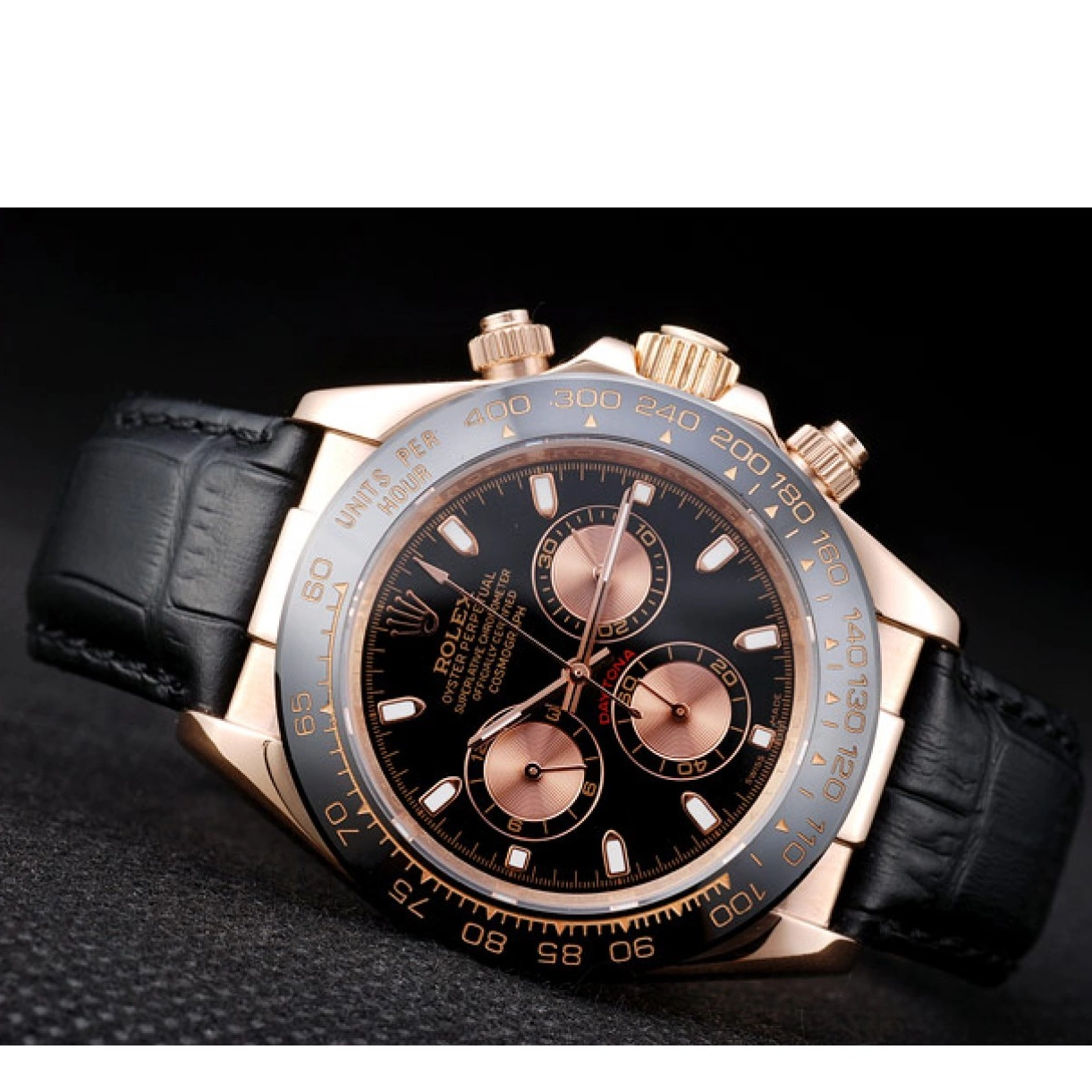 Affordable Black Daytona Rolex Strap Case Dial Leather Rose Black Gold 0212