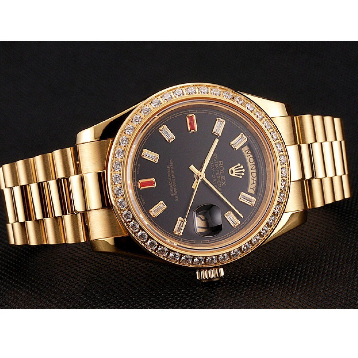 Affordable And Rubies Rolex Gold Black 1454101 Day-Date Swiss Dial Diamonds Bracelet 0214