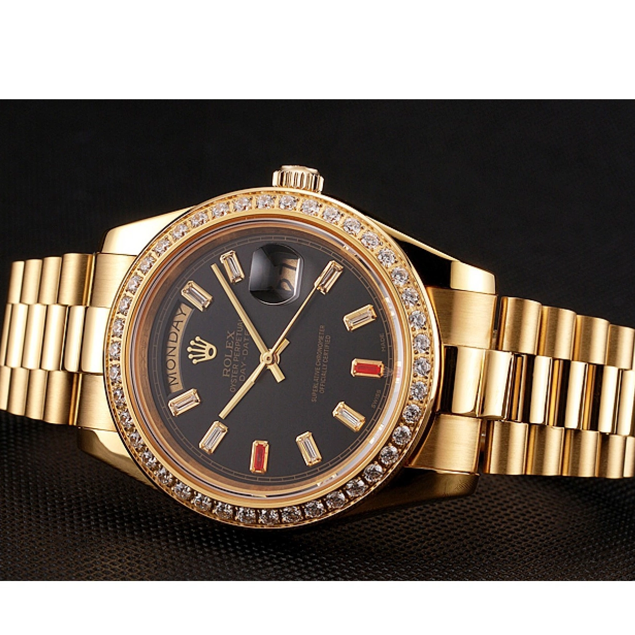 Affordable And Rubies Rolex Gold Black 1454101 Day-Date Swiss Dial Diamonds Bracelet 0214