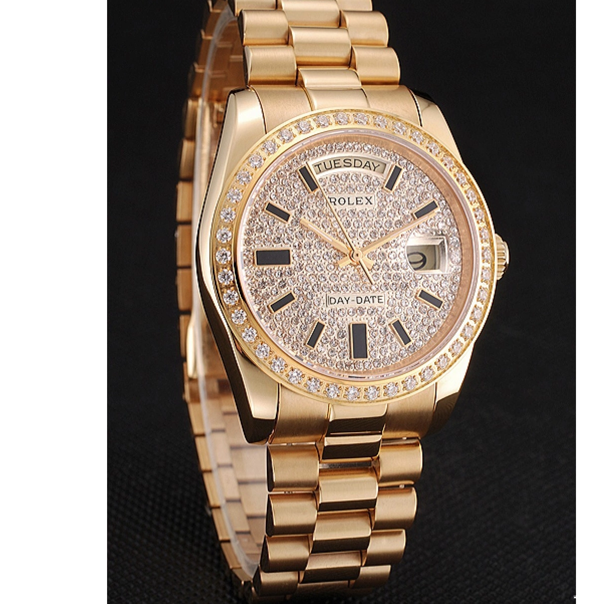 Cheap Bezel Date And Case Dial Pave Day Swiss Diamond Bracelet And Gold Rolex 0221