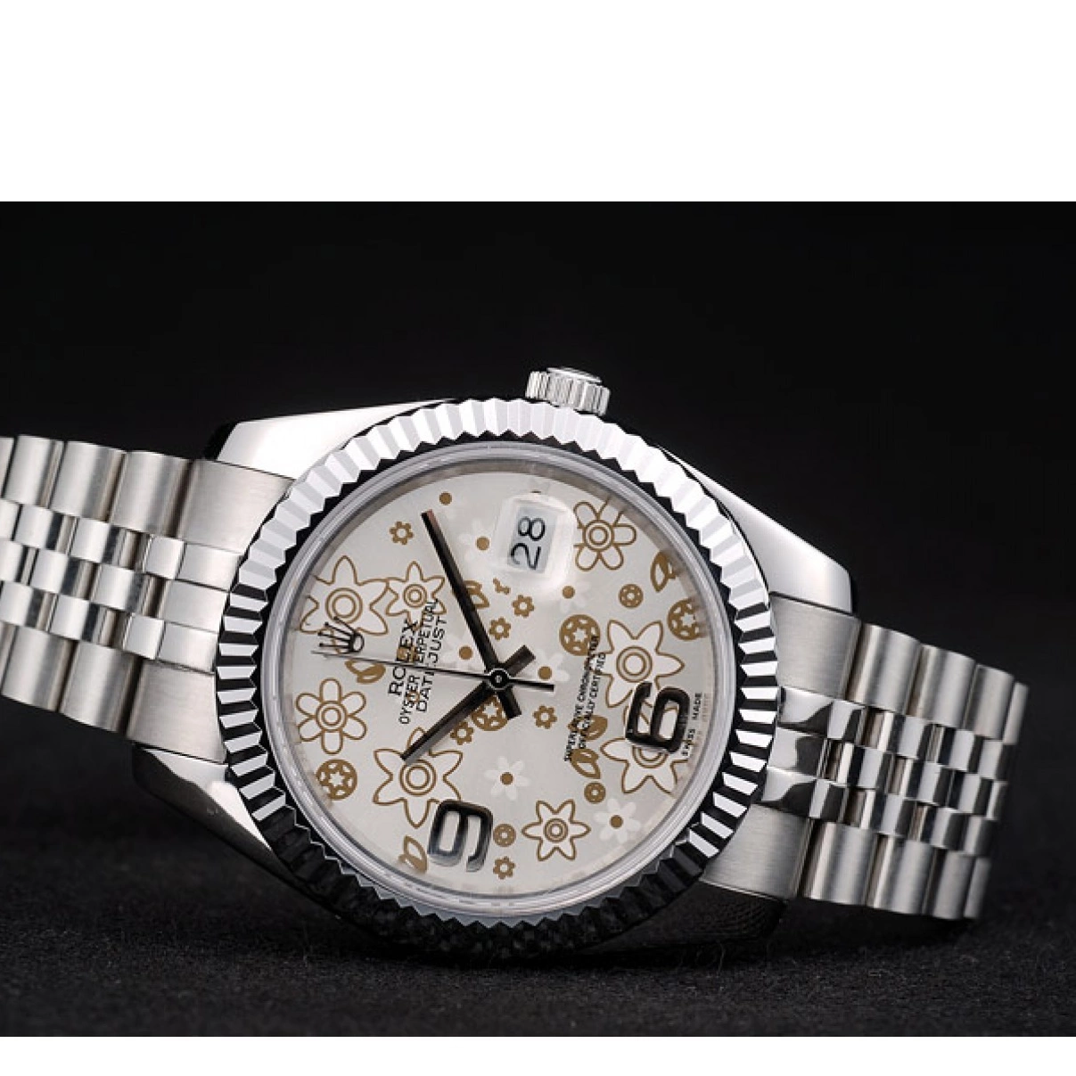 Affordable Rolex Steel Bezel Stainless Swiss Silver Dial Flower 42001 Ribbed DateJust 0223