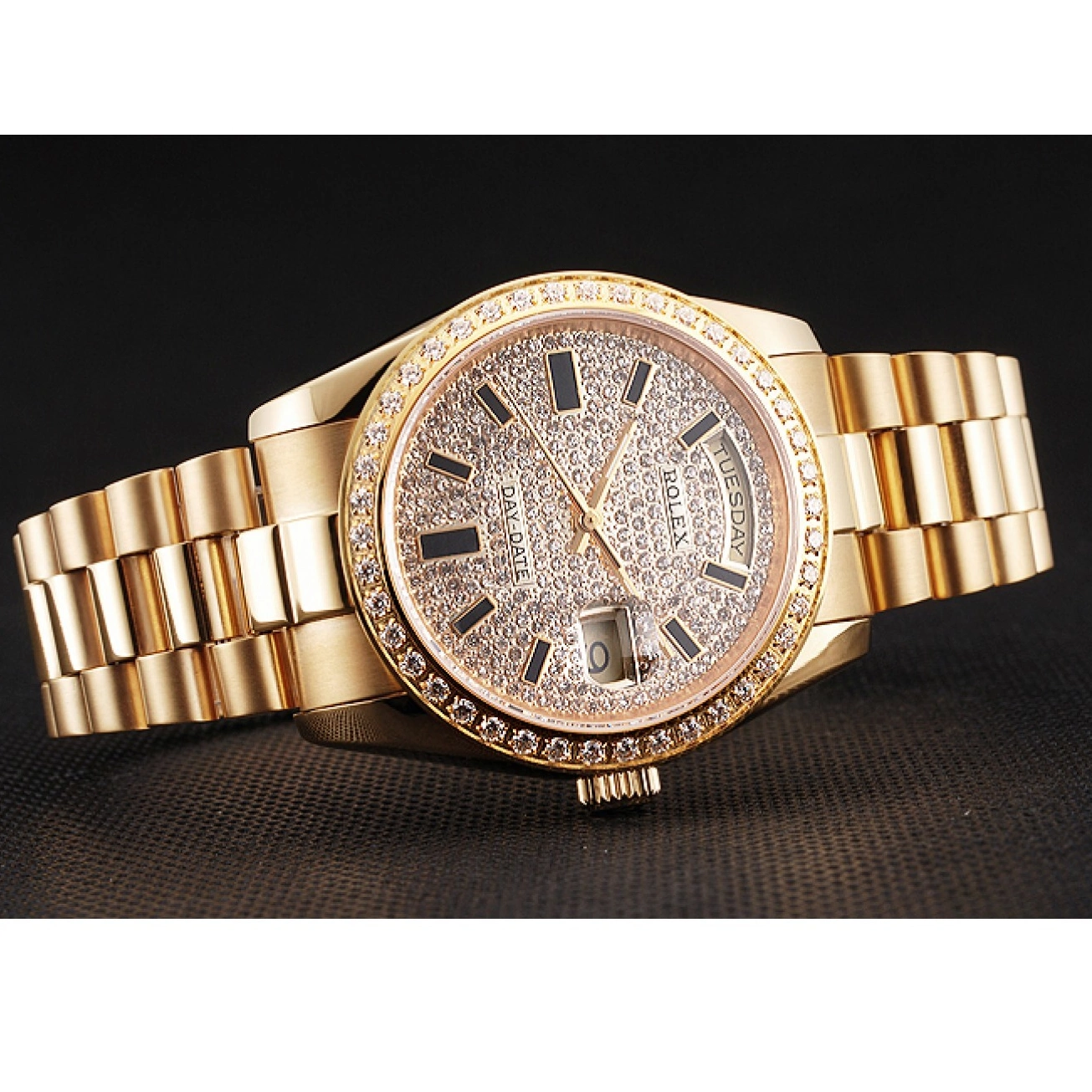 Cheap Bezel Date And Case Dial Pave Day Swiss Diamond Bracelet And Gold Rolex 0221