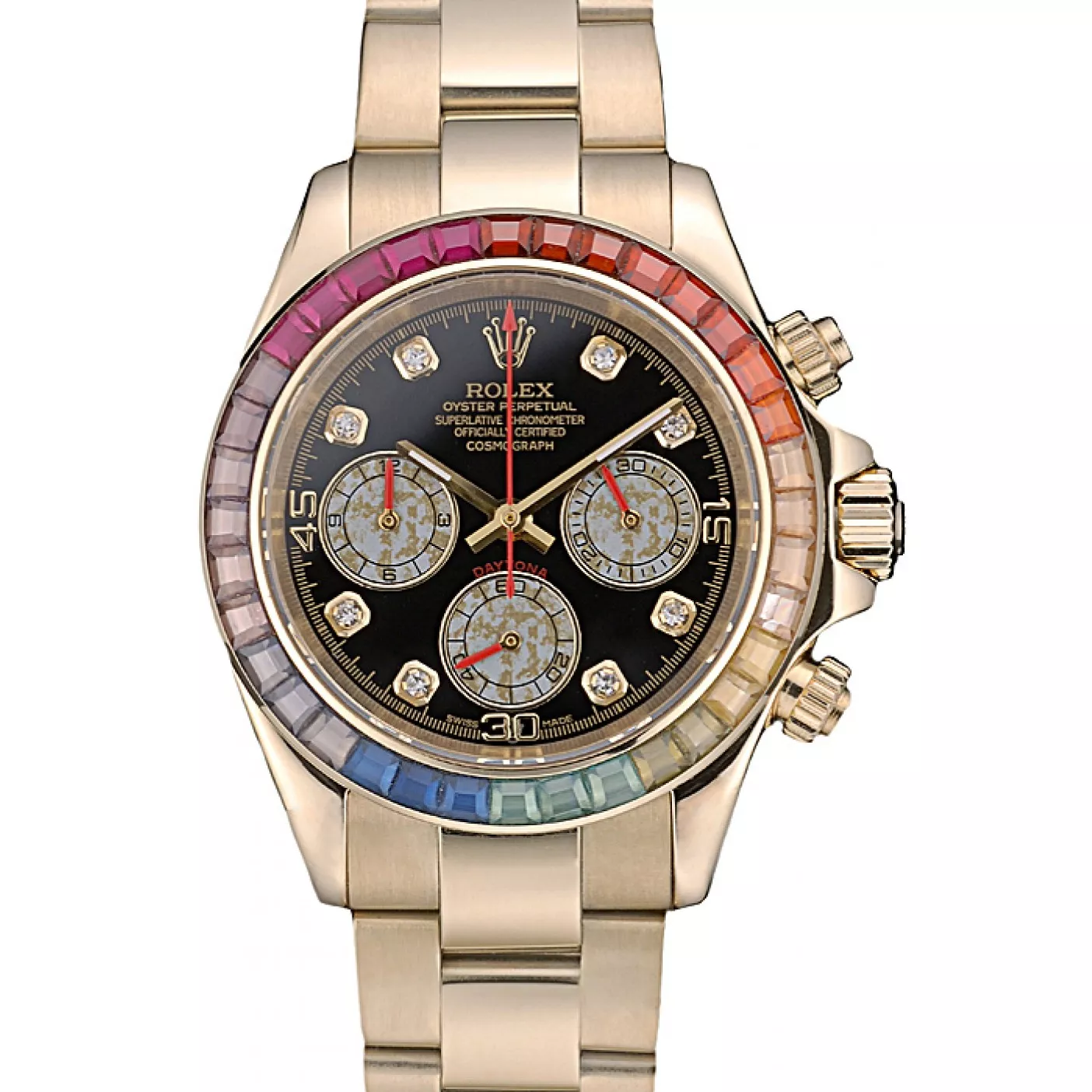 Cheap Rolex Daytona Cosmograph Rainbow Crystals Bezel Rose Gold Strap Black Dial 80251 0204