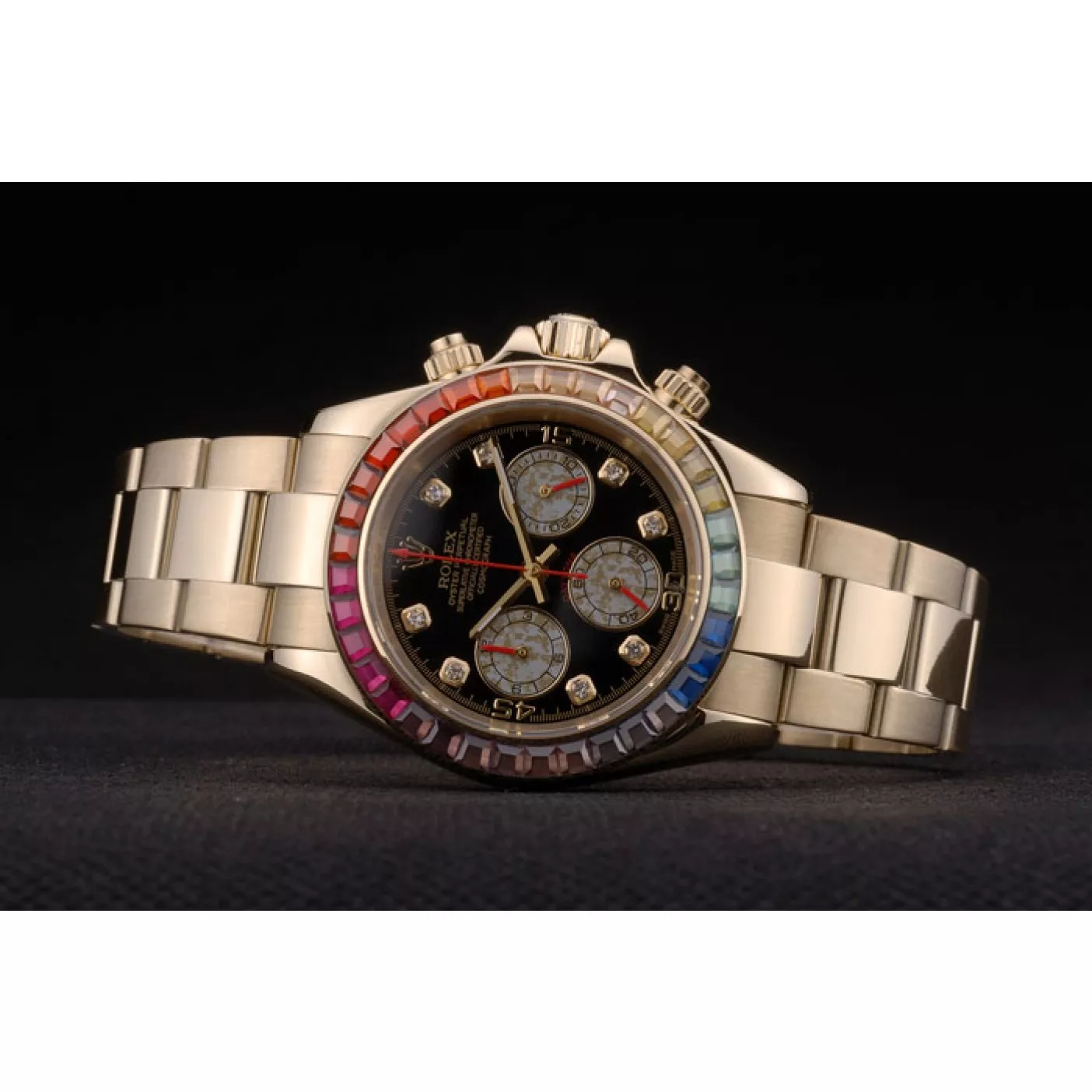 Cheap Rolex Daytona Cosmograph Rainbow Crystals Bezel Rose Gold Strap Black Dial 80251 0204