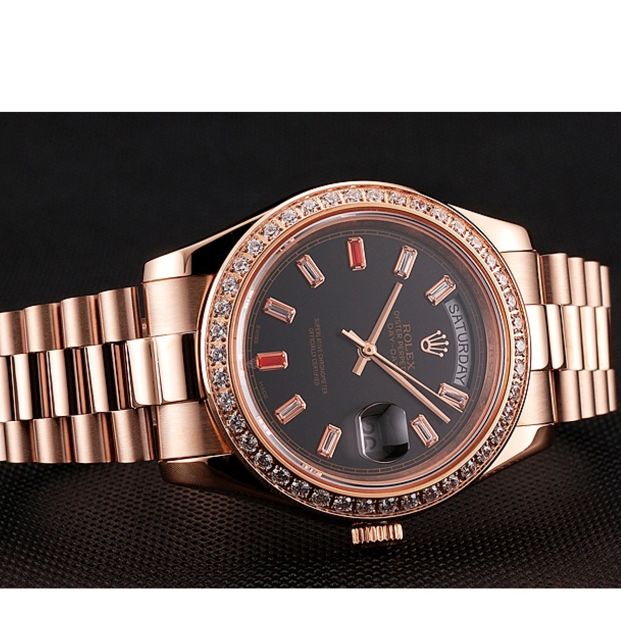 Cheap And Rubies Rose Gold Black Rolex 1454102 Diamonds Bracelet Dial Day-Date Swiss 0225