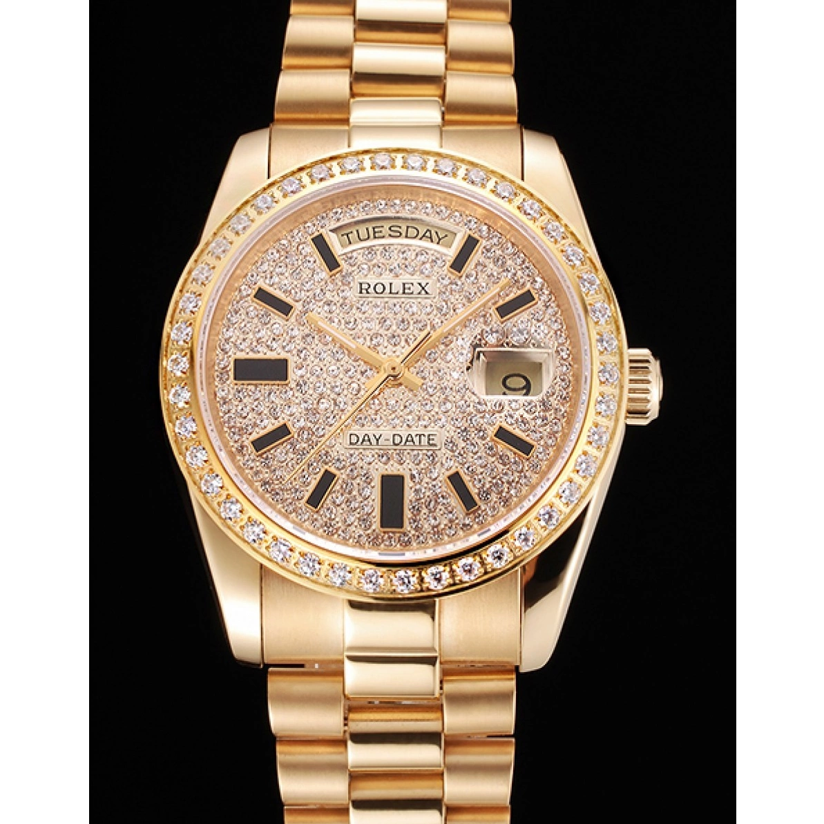 Affordable Rolex Date Bracelet Gold Swiss Bezel Diamond Pave And And Case Day Dial 0218