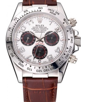 Cheap Leather Brown Dial White Strap Case Stainless Daytona Steel Rolex 0214