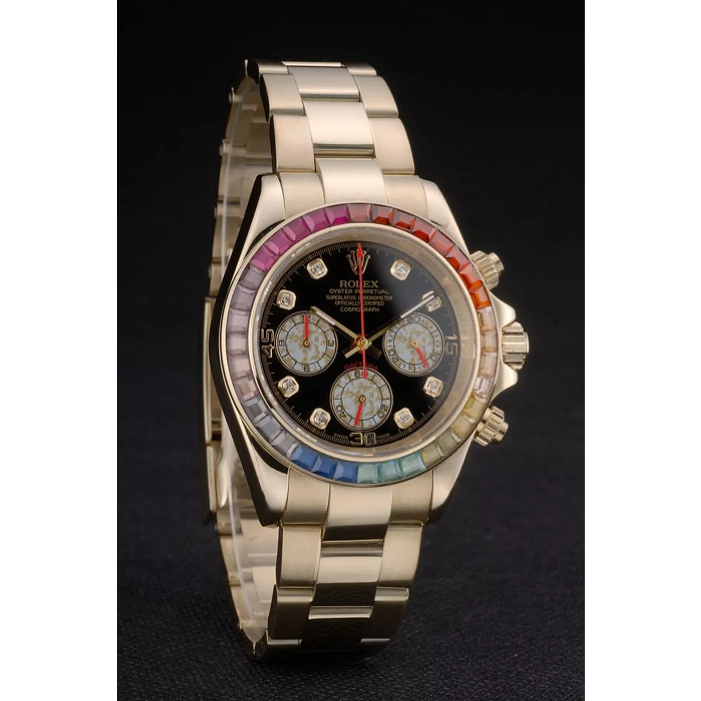 Cheap Rolex Daytona Cosmograph Rainbow Crystals Bezel Rose Gold Strap Black Dial 80251 0204