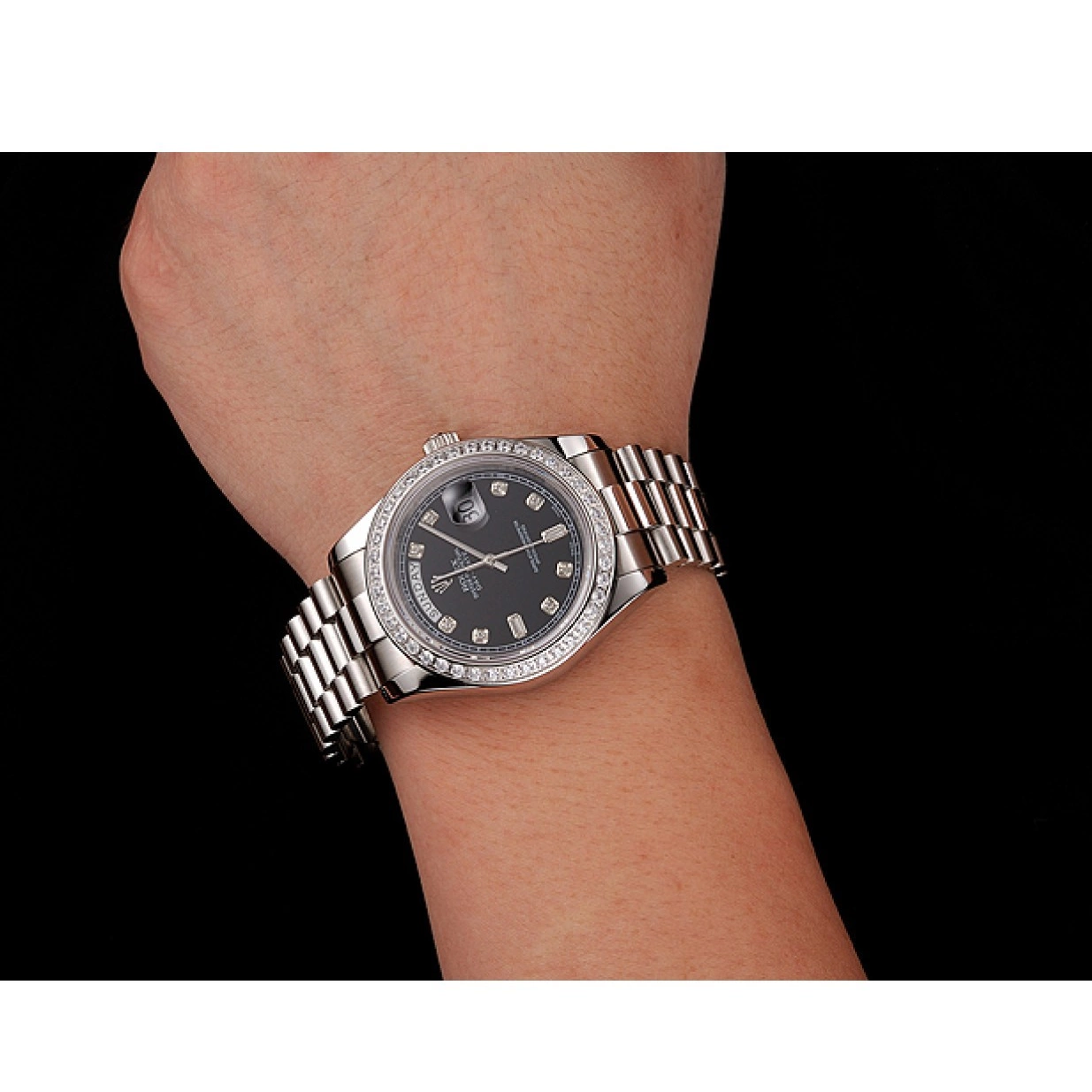 Affordable Diamond Steel Day-Date Diamond Black Case Swiss Stainless Dial Rolex 1453966 Numerals Bracelet 0226