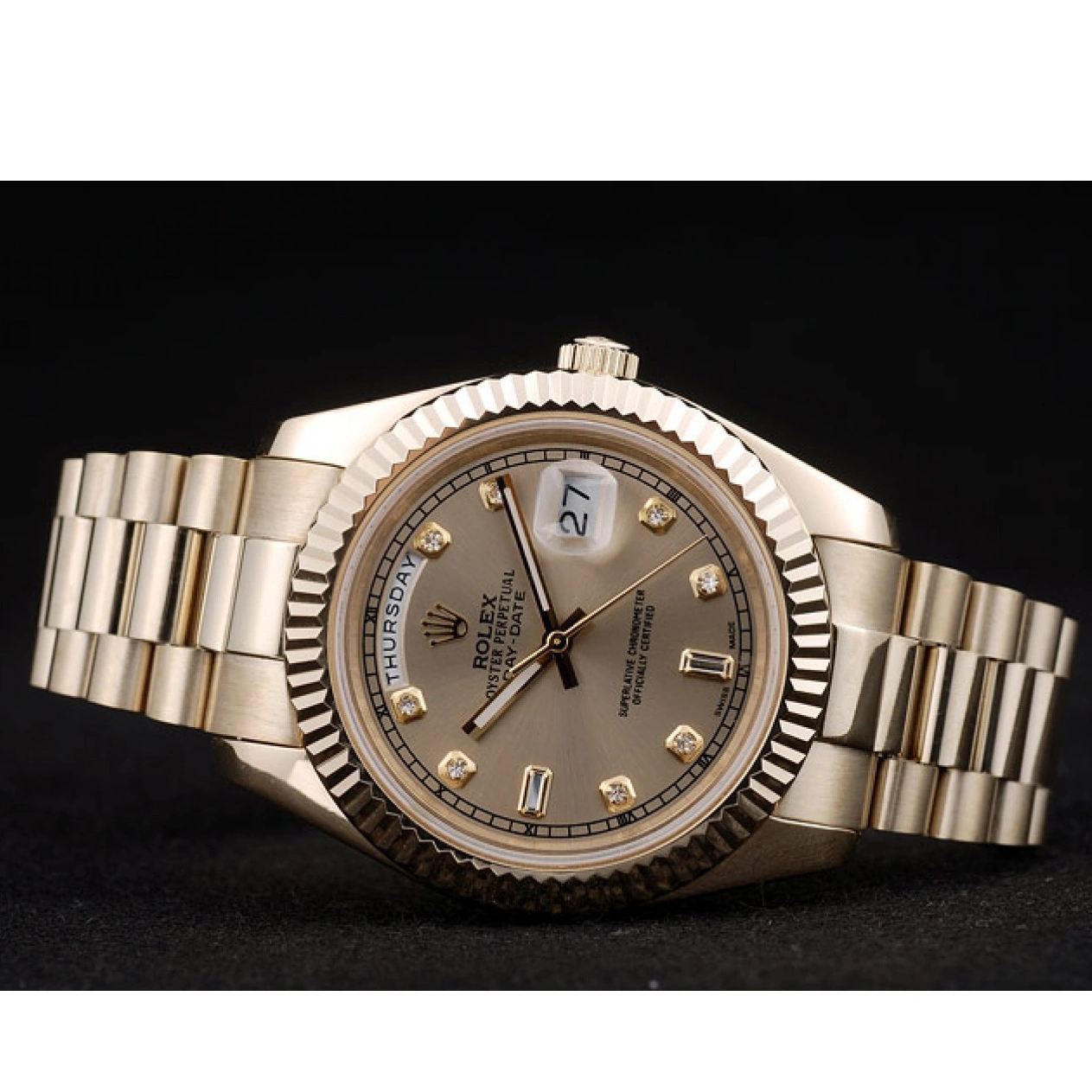 Cheap Stainless Ribbed Rolex DayDate Steel Goldish Bezel Gold Dial 41979 0227