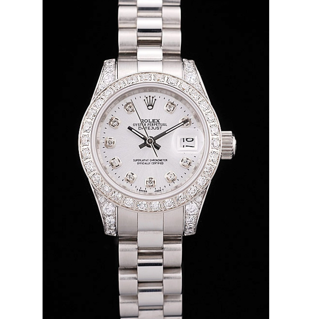 Affordable Rolex Diamond Diamond Plated Steel Stainless Dial Brushed DateJust White Bezel Case Plated 0215