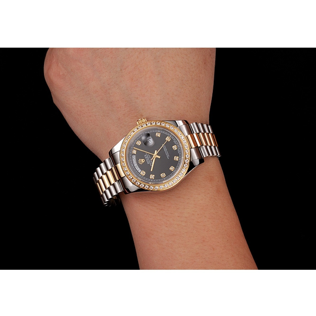 Affordable Black Gold Bracelet Day-Date 1453975 Diamond Two Swiss Tone Steel Rolex Stainless Case Dial 0220