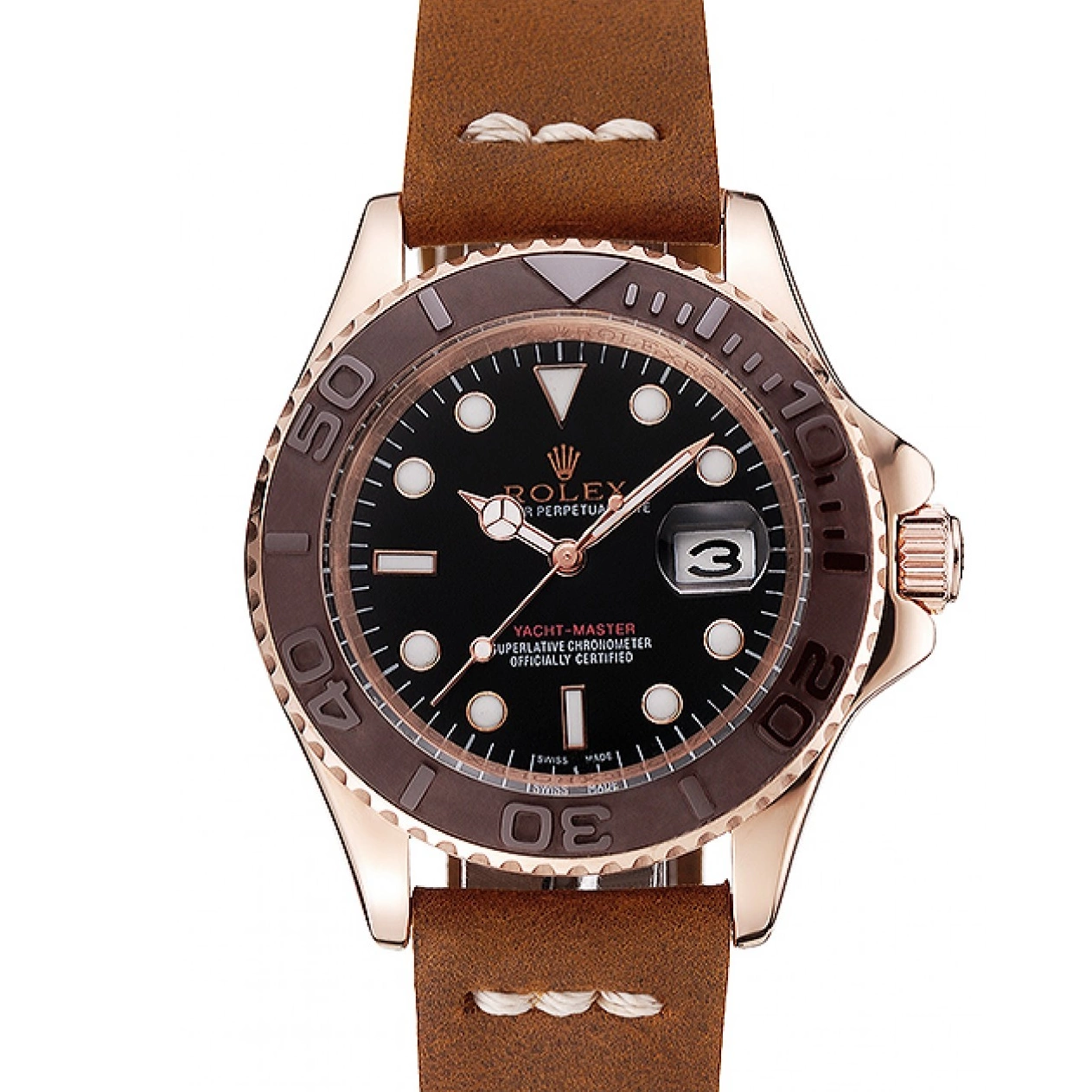 Cheap Brown Case Rolex Brown Dial Master Gold Leather Rose Yacht 1453860 Bezel Bracelet Black 0224