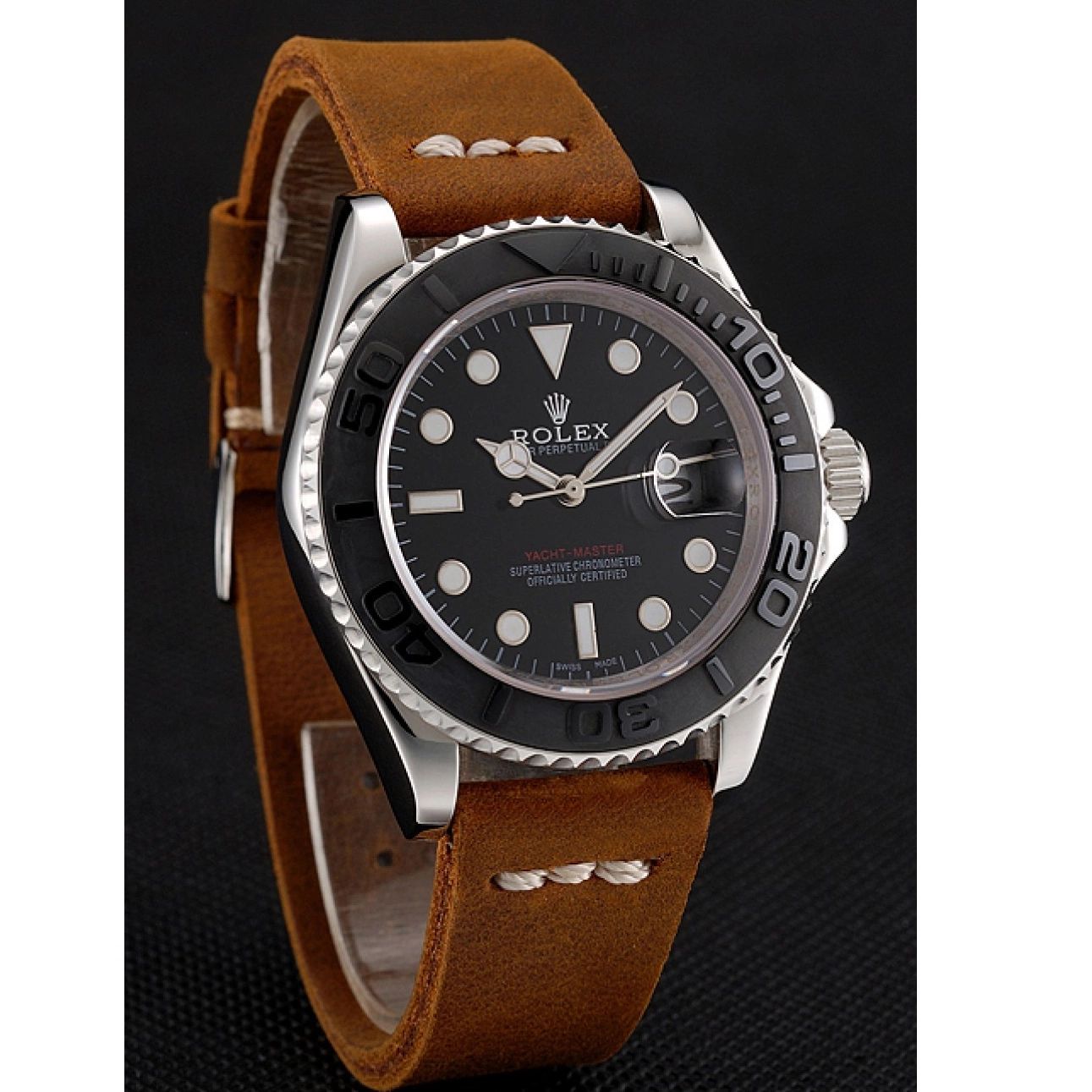 Affordable Dial Silver Yacht Bracelet Brown Rolex Leather Case Black Master 1453859 0222