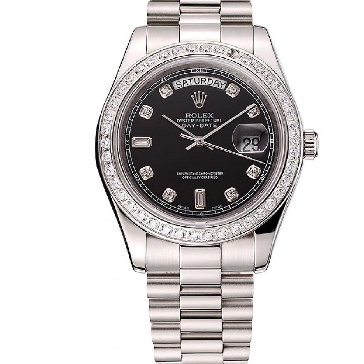 Affordable Diamond Steel Day-Date Diamond Black Case Swiss Stainless Dial Rolex 1453966 Numerals Bracelet 0226