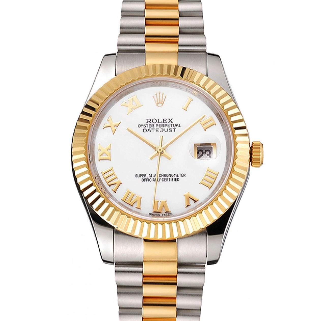 Affordable Two Bezel Tone Swiss Rolex Dial Datejust Steel Case Numerals Bracelet Gold Roman White Stainless 0222