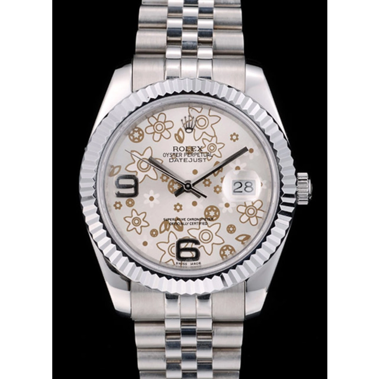 Affordable Rolex Steel Bezel Stainless Swiss Silver Dial Flower 42001 Ribbed DateJust 0223