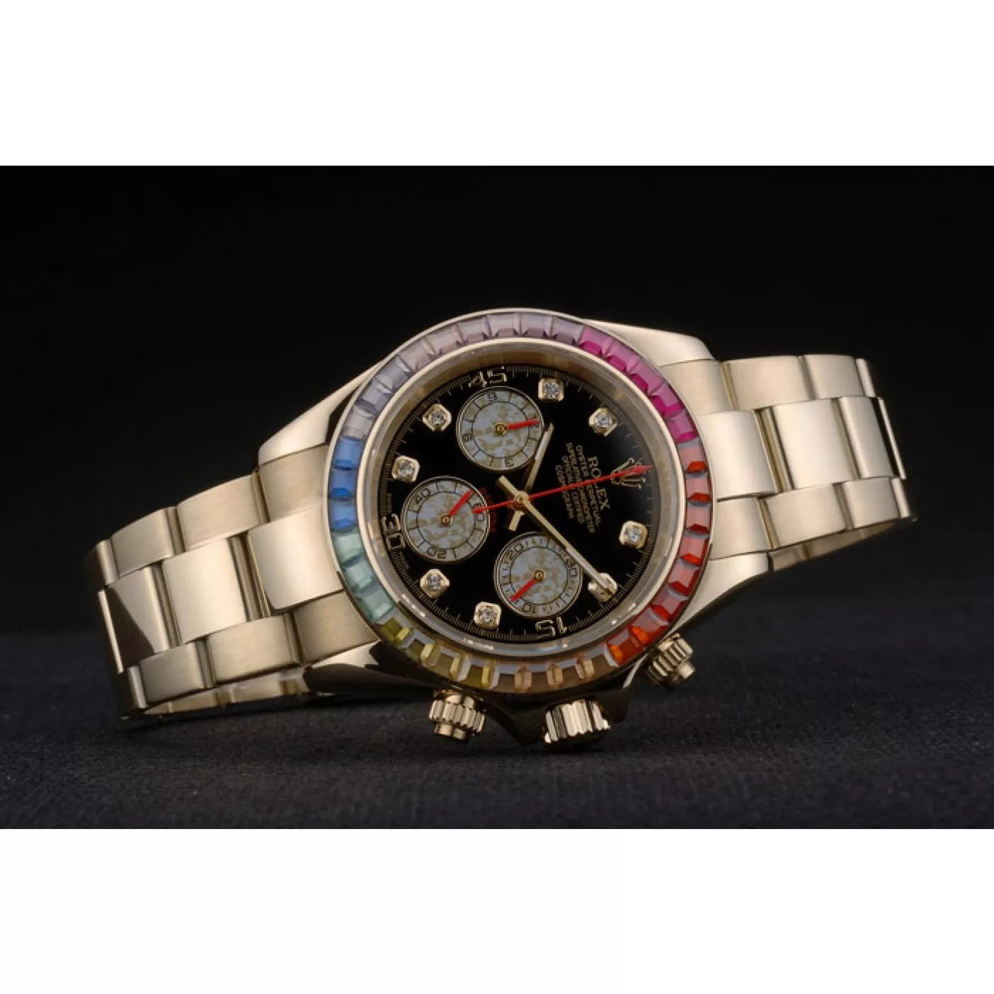 Cheap Rolex Daytona Cosmograph Rainbow Crystals Bezel Rose Gold Strap Black Dial 80251 0204