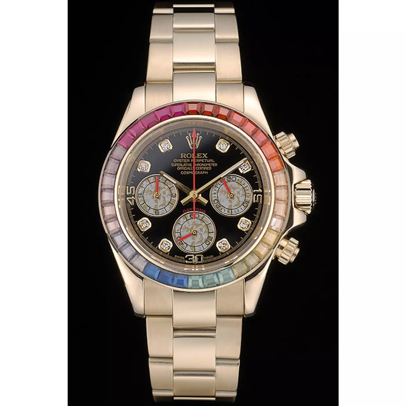 Cheap Rolex Daytona Cosmograph Rainbow Crystals Bezel Rose Gold Strap Black Dial 80251 0204