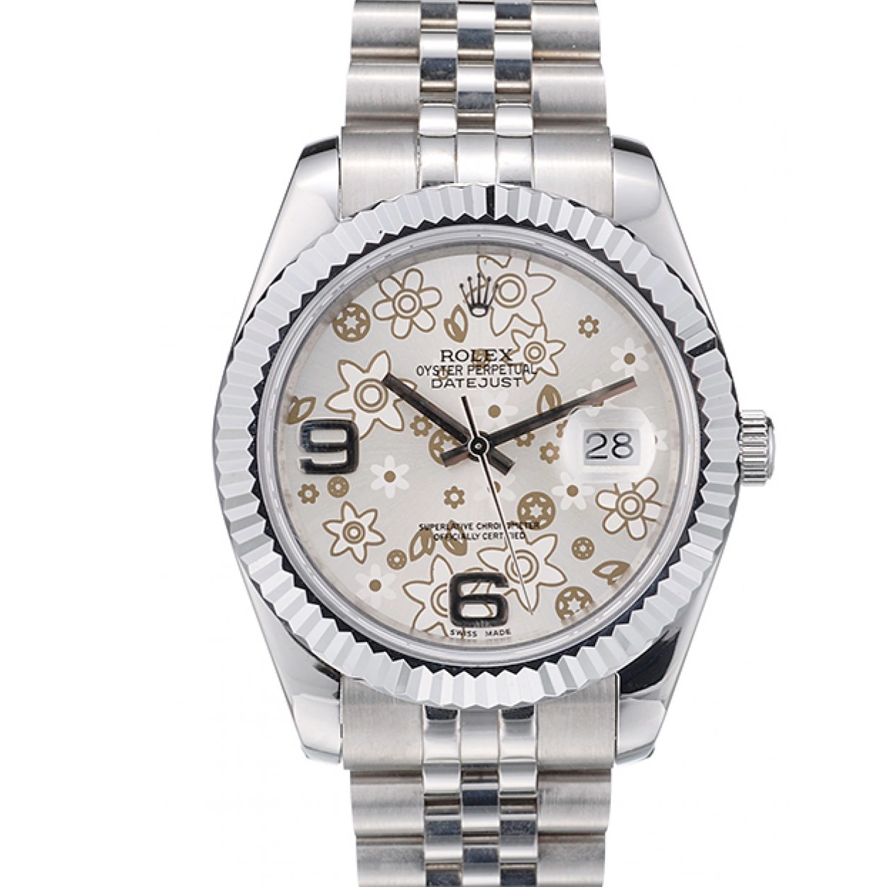 Affordable Rolex Steel Bezel Stainless Swiss Silver Dial Flower 42001 Ribbed DateJust 0223