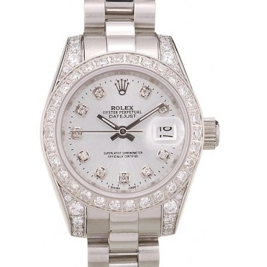 Affordable Rolex Diamond Diamond Plated Steel Stainless Dial Brushed DateJust White Bezel Case Plated 0215