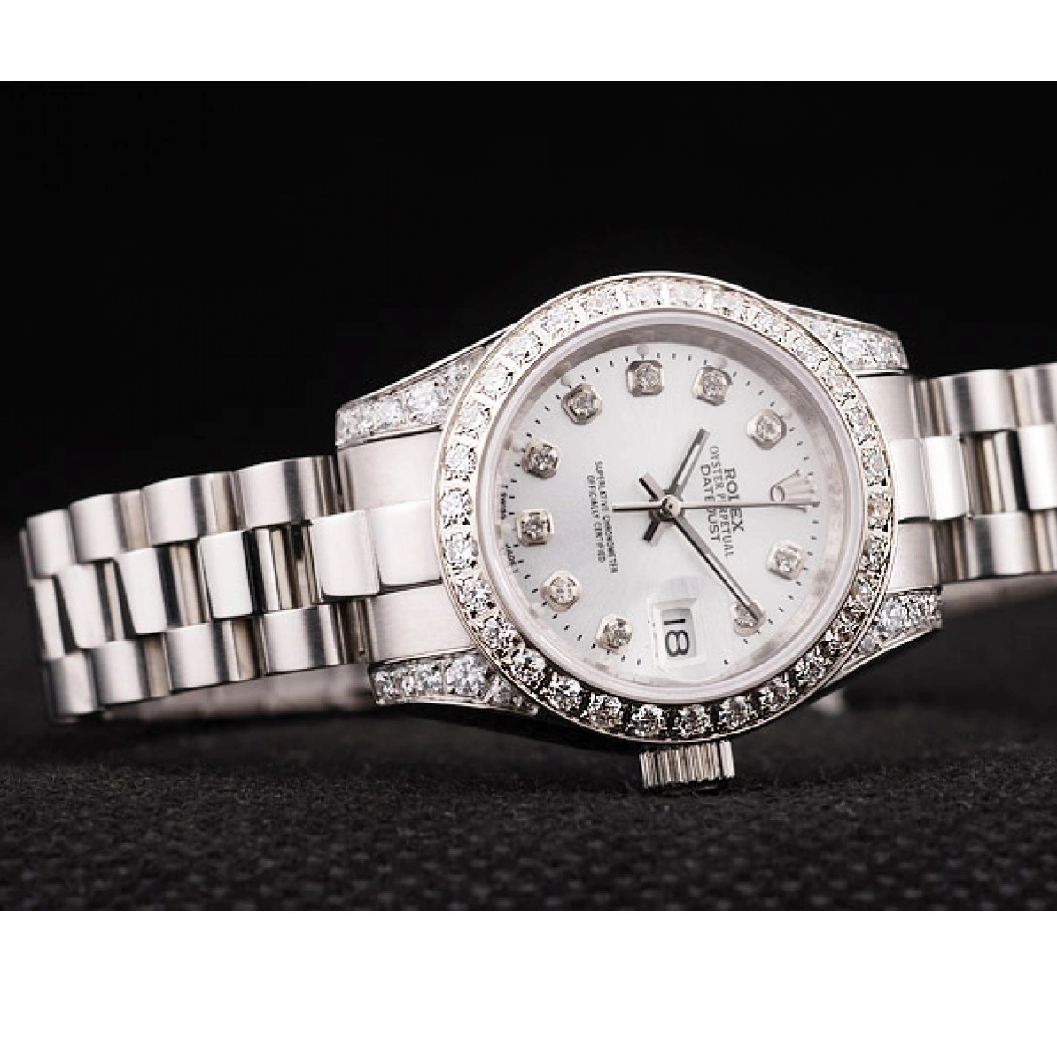 Affordable Rolex Diamond Diamond Plated Steel Stainless Dial Brushed DateJust White Bezel Case Plated 0215