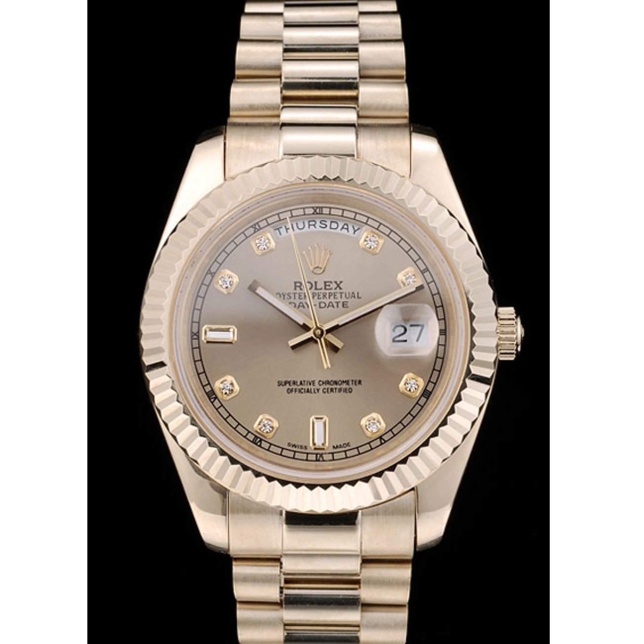 Cheap Stainless Ribbed Rolex DayDate Steel Goldish Bezel Gold Dial 41979 0227