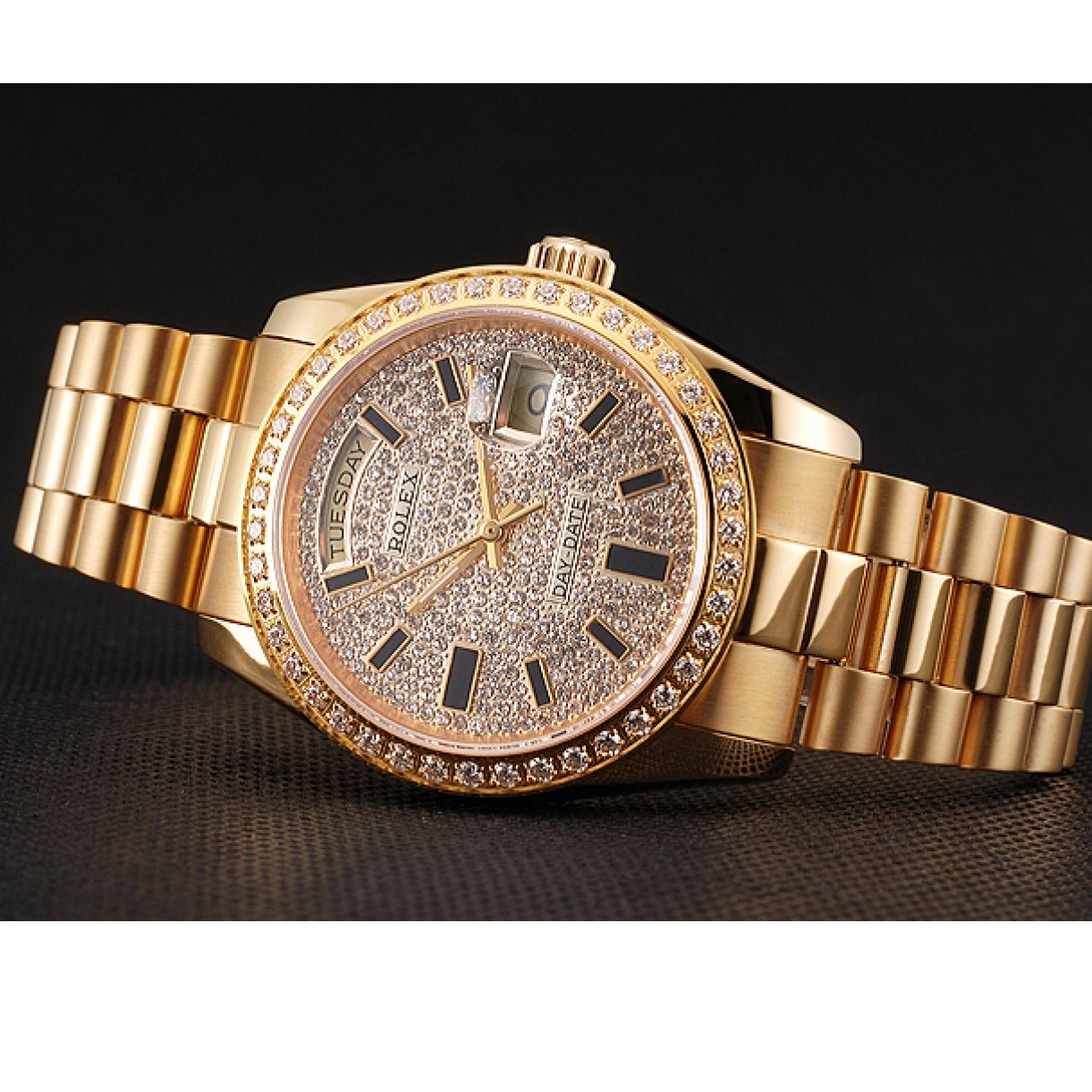 Affordable Rolex Date Bracelet Gold Swiss Bezel Diamond Pave And And Case Day Dial 0218