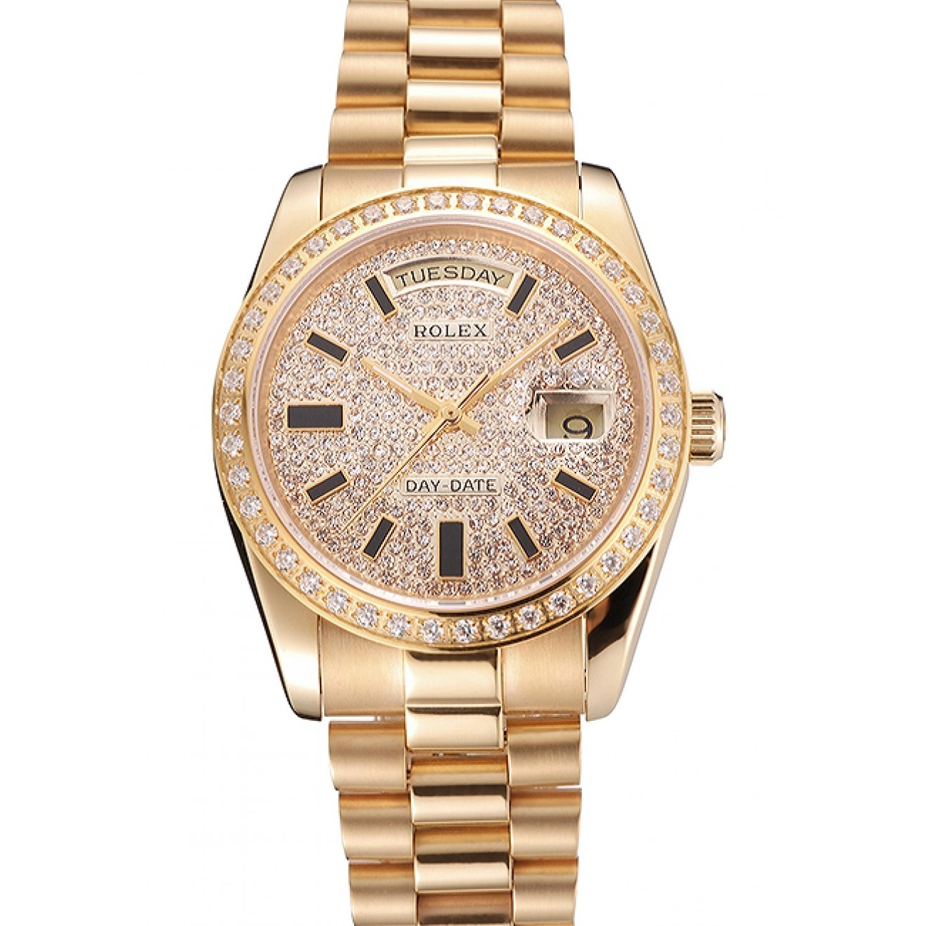 Affordable Rolex Date Bracelet Gold Swiss Bezel Diamond Pave And And Case Day Dial 0218